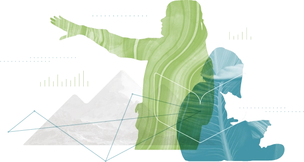 stylized Illustration of a woman pointing at data and a child on the floor reading.