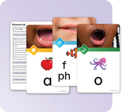 Three phonics sound-spelling cards with mouth photos, letters, and picture cues.