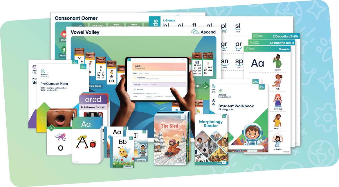 Ascend Mastery full kit with posters, cards, manuals, workbooks, readers, and a tablet showing the digital platform.