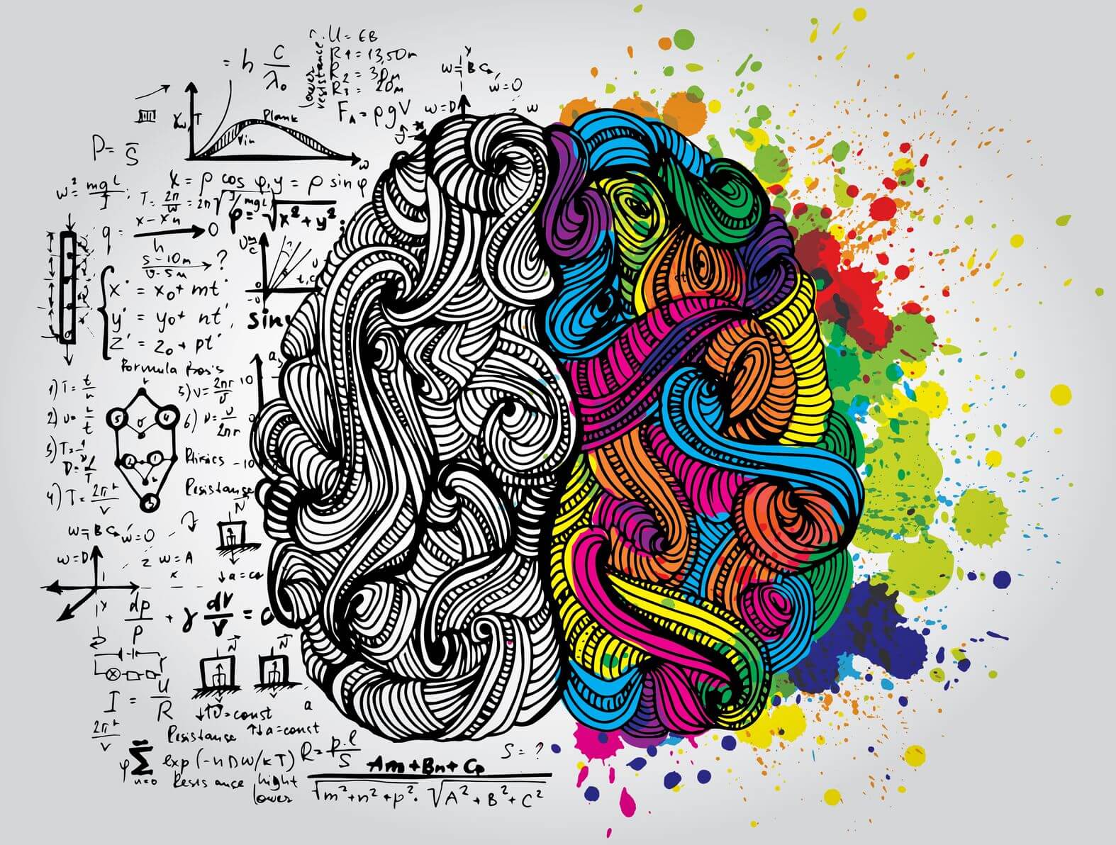 A creative illustration of a human brain where the left side is filled with complex mathematical and scientific formulas, and the right side is an explosion of vibrant, colorful patterns to represent the neurological origins of dyslexia.