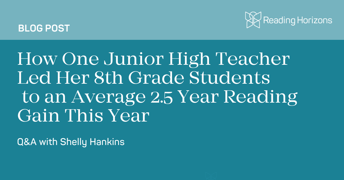 Veteran teacher Shelly Hankins smiling in her Highland East Junior High classroom, where her 8th-grade students achieved an average 2.5-year reading gain using Reading Horizons Elevate.