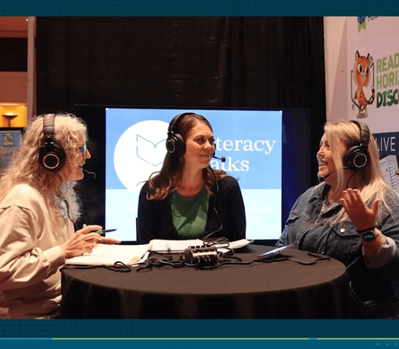 Literacy Talks podcast hosts Stacy Hurst, Donell Pons, and Lindsay Kemeny celebrating the 100th episode milestone focused on the science of reading.