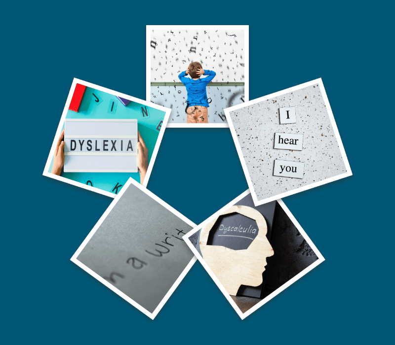 5-photo collage depicting dyslexia