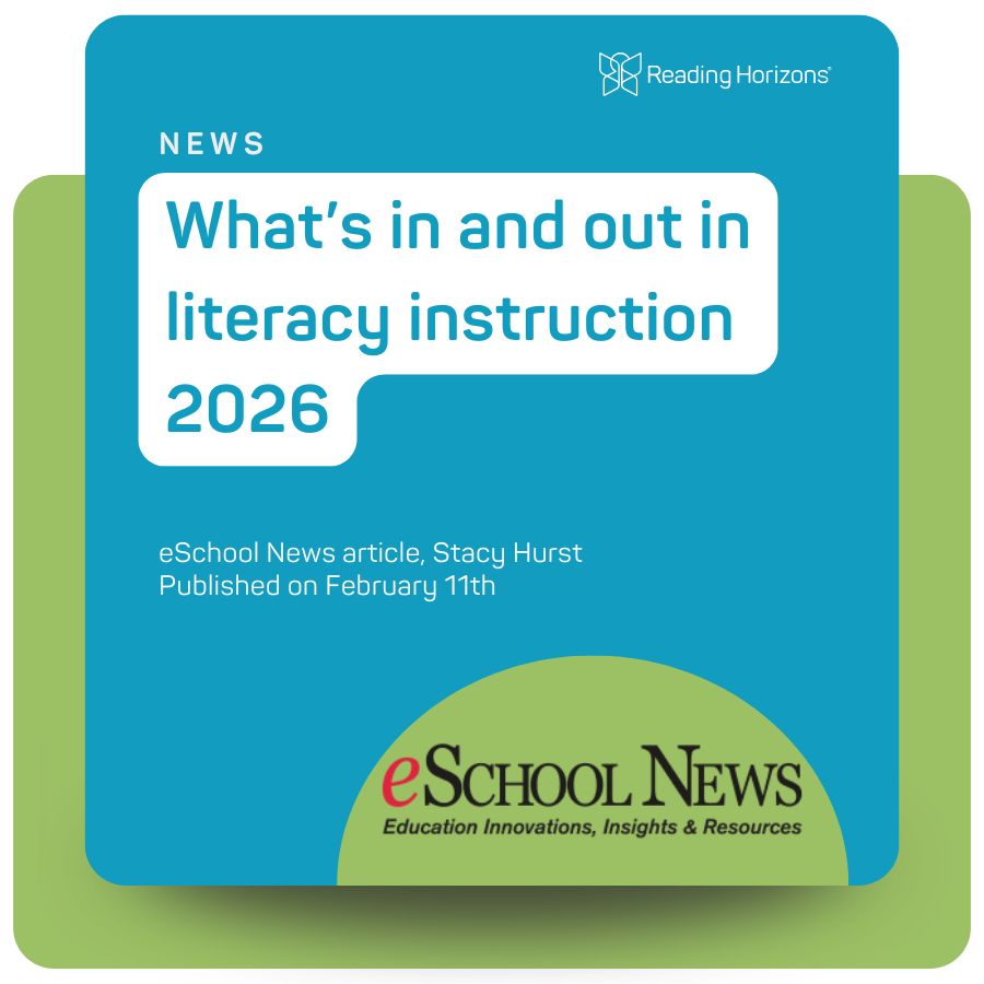 Graphic highlighting what is in and out for integrated literacy instruction in 2026, featuring the eSchool News logo and Reading Horizons branding.