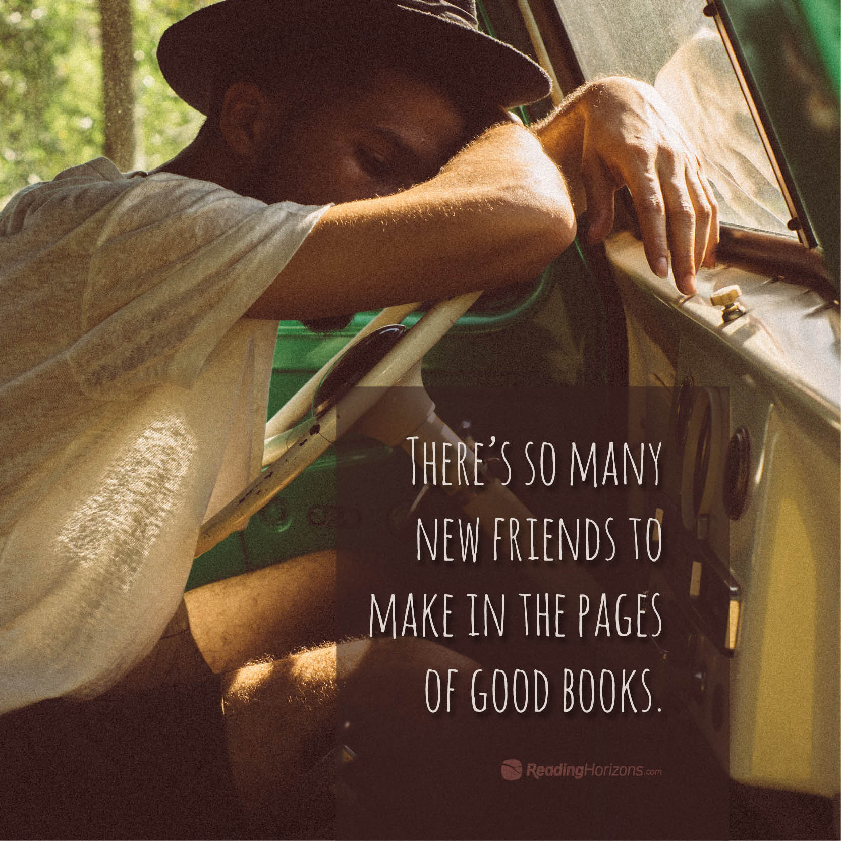 A meme of a young man wearing a hat lying his head on a steering wheel in a car with the words "There's so many new friends to make in the pages of good books."