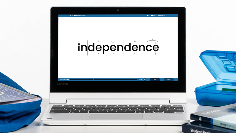 A computer screen displaying a decoding activity in the Reading Horizons Elevate Software. The word "independence" is marked to show the unique marking system.