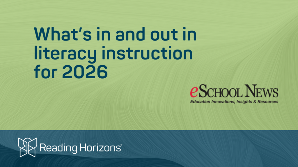 Graphic highlighting what is in and out for integrated literacy instruction in 2026, featuring the eSchool News logo.