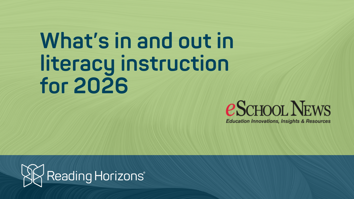 Graphic highlighting what is in and out for integrated literacy instruction in 2026, featuring the eSchool News logo.