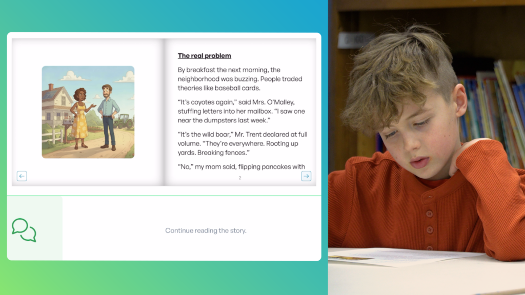 Student writing on a worksheet at a classroom table.