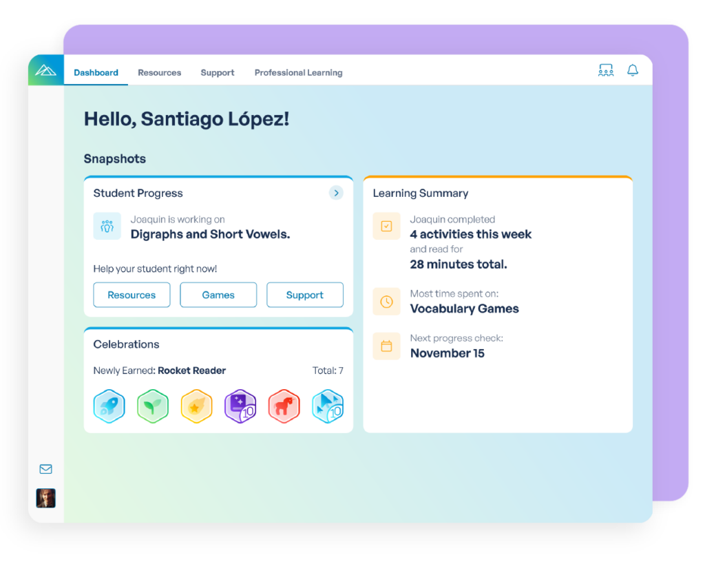 Caregiver dashboard showing student progress, weekly activity summary, and achievement badges.