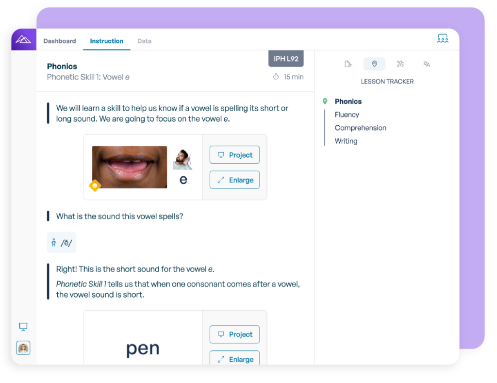Phonics lesson screen with vowel sound instruction, practice activities, and lesson tracker.