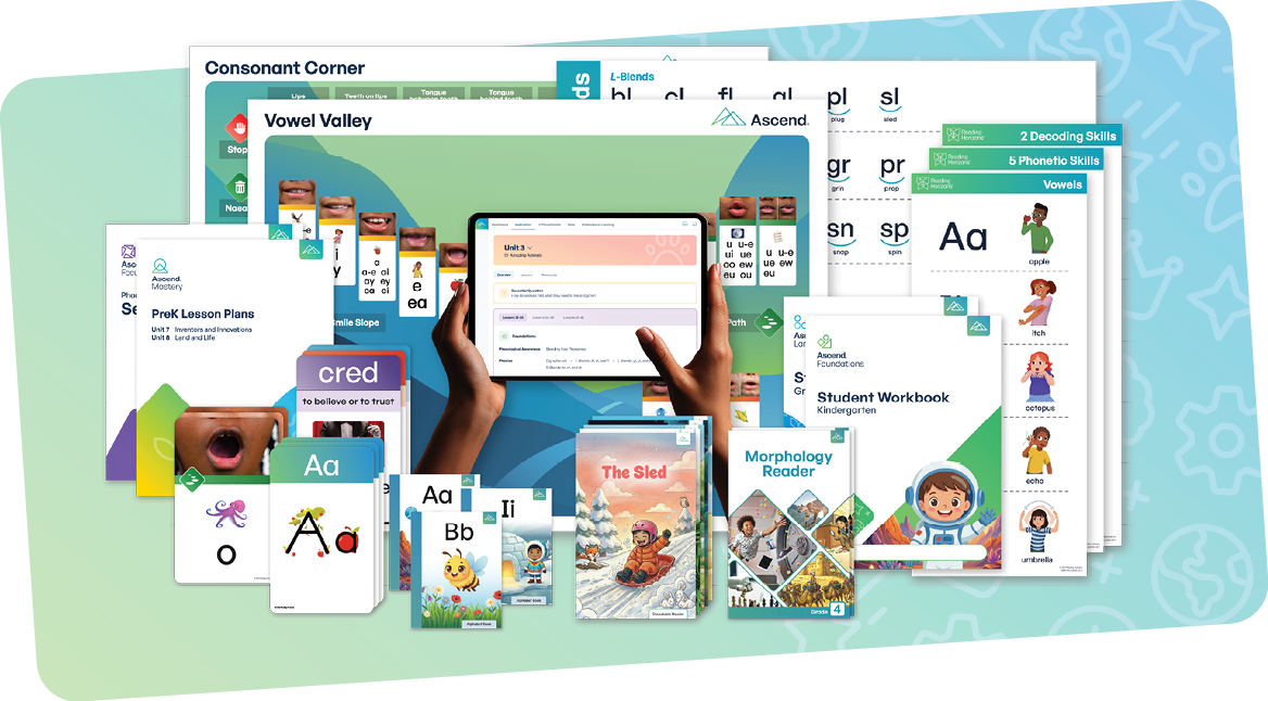 Ascend Mastery full kit with posters, cards, manuals, workbooks, readers, and a tablet showing the digital platform.